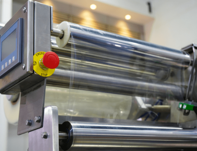 bobinas de film plástico en máquina para packaging